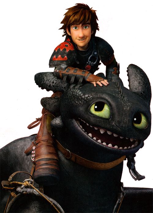 Hiccup, a boy with brown hair and a smirk on his face, sits on top of his black dragon Toothless. 