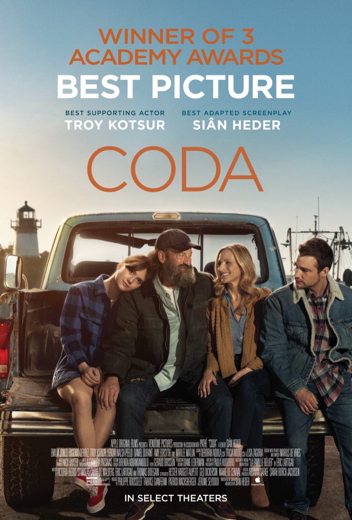 Movie poster for CODA depicts family of four sitting in the back of a pickup truck.