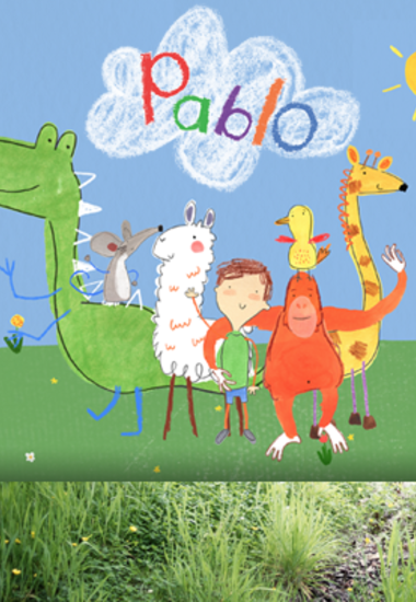 A crayon-style drawing depicts Pablo standing in the middle of animal friends. 